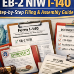EB-2 NIW I-140 petition filing guide with Form I-140, document checklist, approved stamp, U.S. flag and Statue of Liberty in background