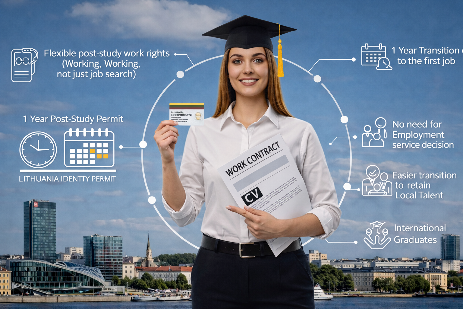Stay in Lithuania: Graduate holding post-study permit, with work contract and CV, highlighting key benefits for international graduates.