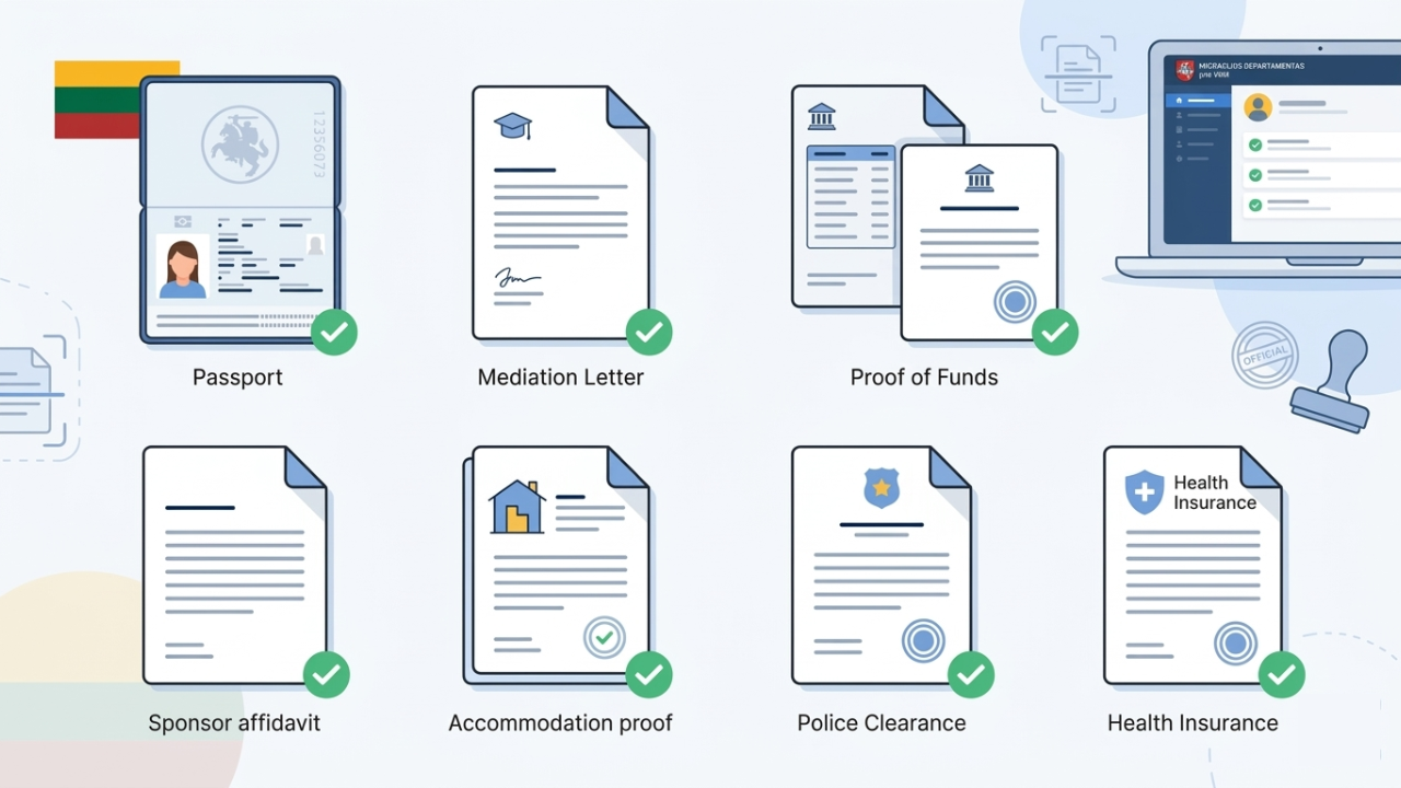 Infographic showing required documents checklist for Lithuania Temporary Residence Permit (TRP) for international students
