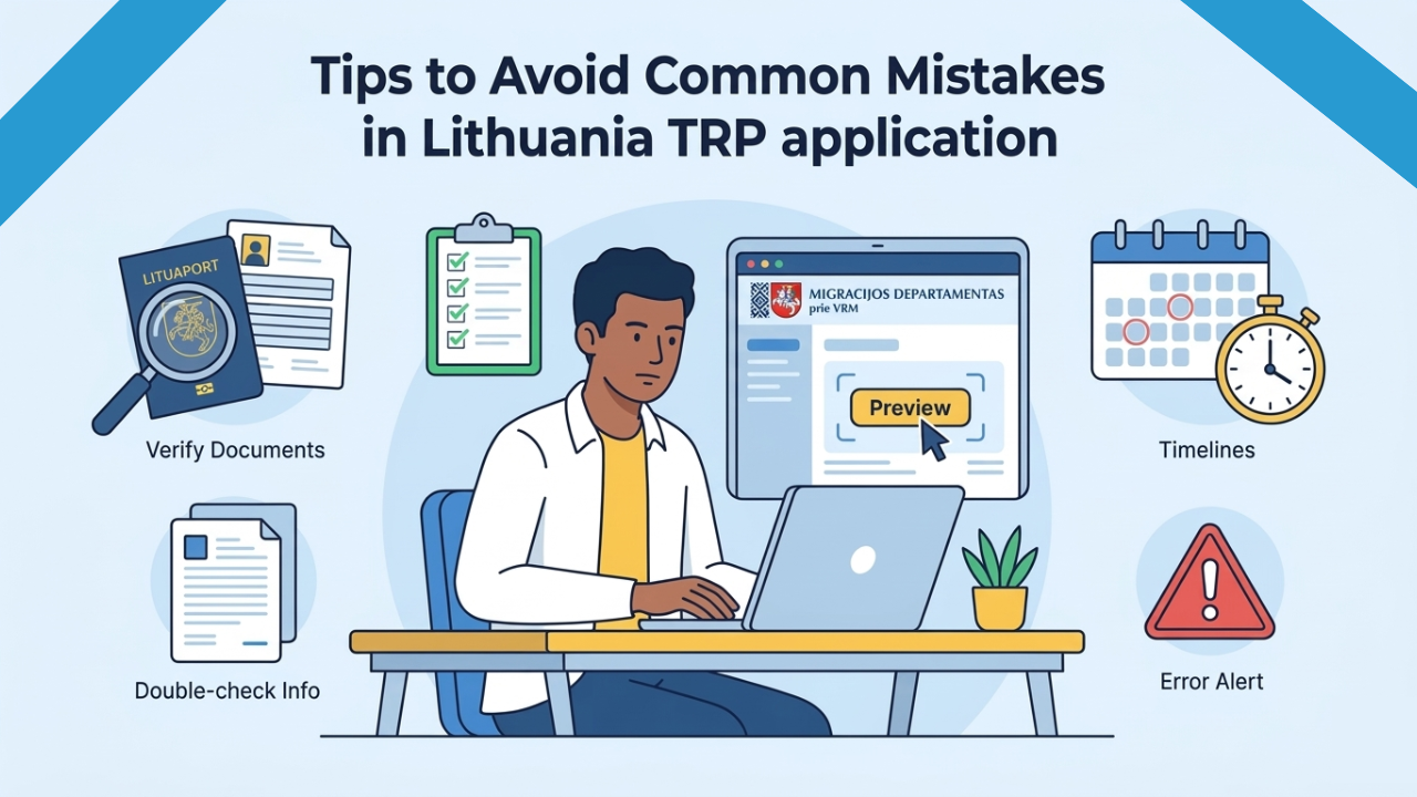 Infographic with tips to avoid mistakes when applying for Lithuania Temporary Residence Permit (TRP) via MIGRIS