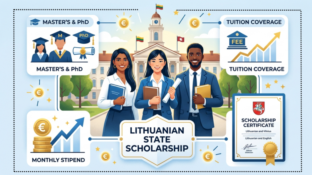 Infographic showing Lithuanian State Scholarship for non-EU international students with €592 monthly stipend and tuition fee coverage