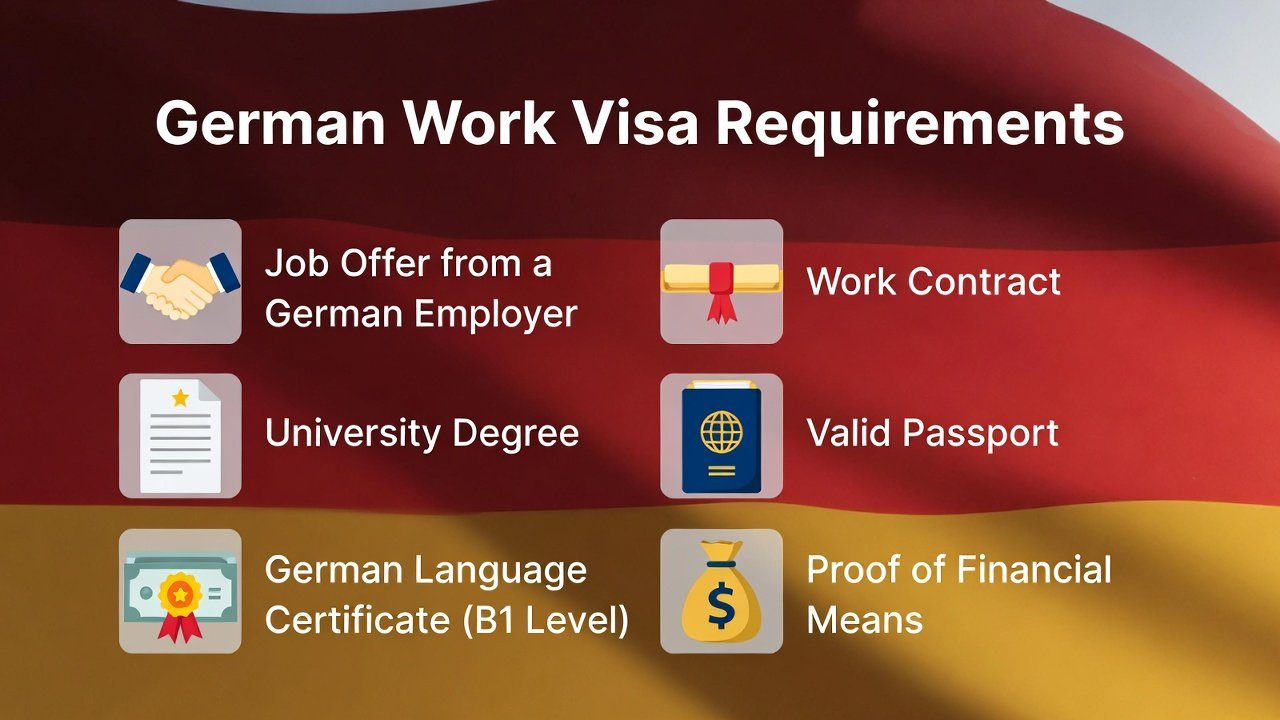 Requirements for work visa in Germany including job offer, recognized qualifications, language skills, and work contract.