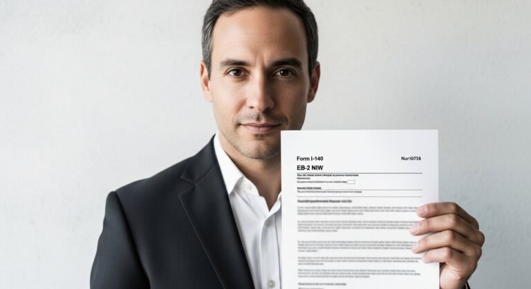 Man holding EB-2 NIW Form I-140 document for USCIS filing